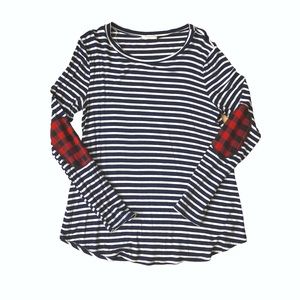 Navy Striped Plaid Patched Long Sleeve